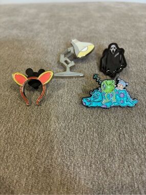 Set of 4 Decorative Enamel Pins - Lamp, Ghost, Bunny Ears, Blue Alien Slug